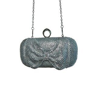 New Rachel Rhinestone Silver Bow Clutch Purse With Chain Strap